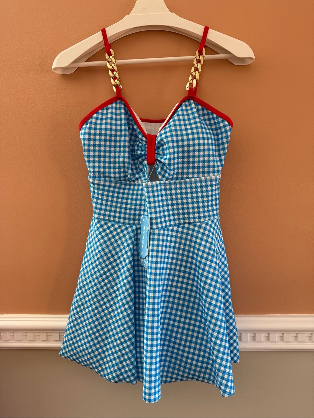 Blue Gingham Fit-and-Flare Bathing suit with Red Trim